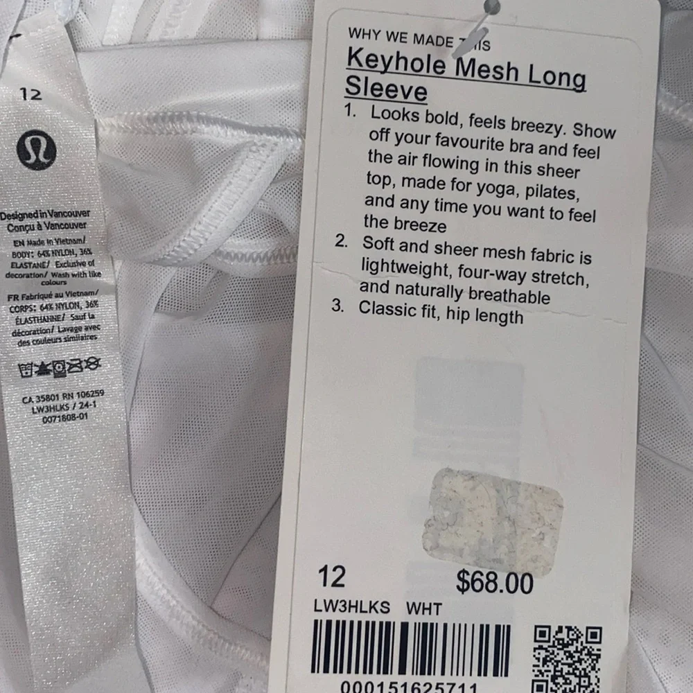 (A11) Lululemon Keyhole Mesh Long Sleeve Top, White, Size 12, NWT‎